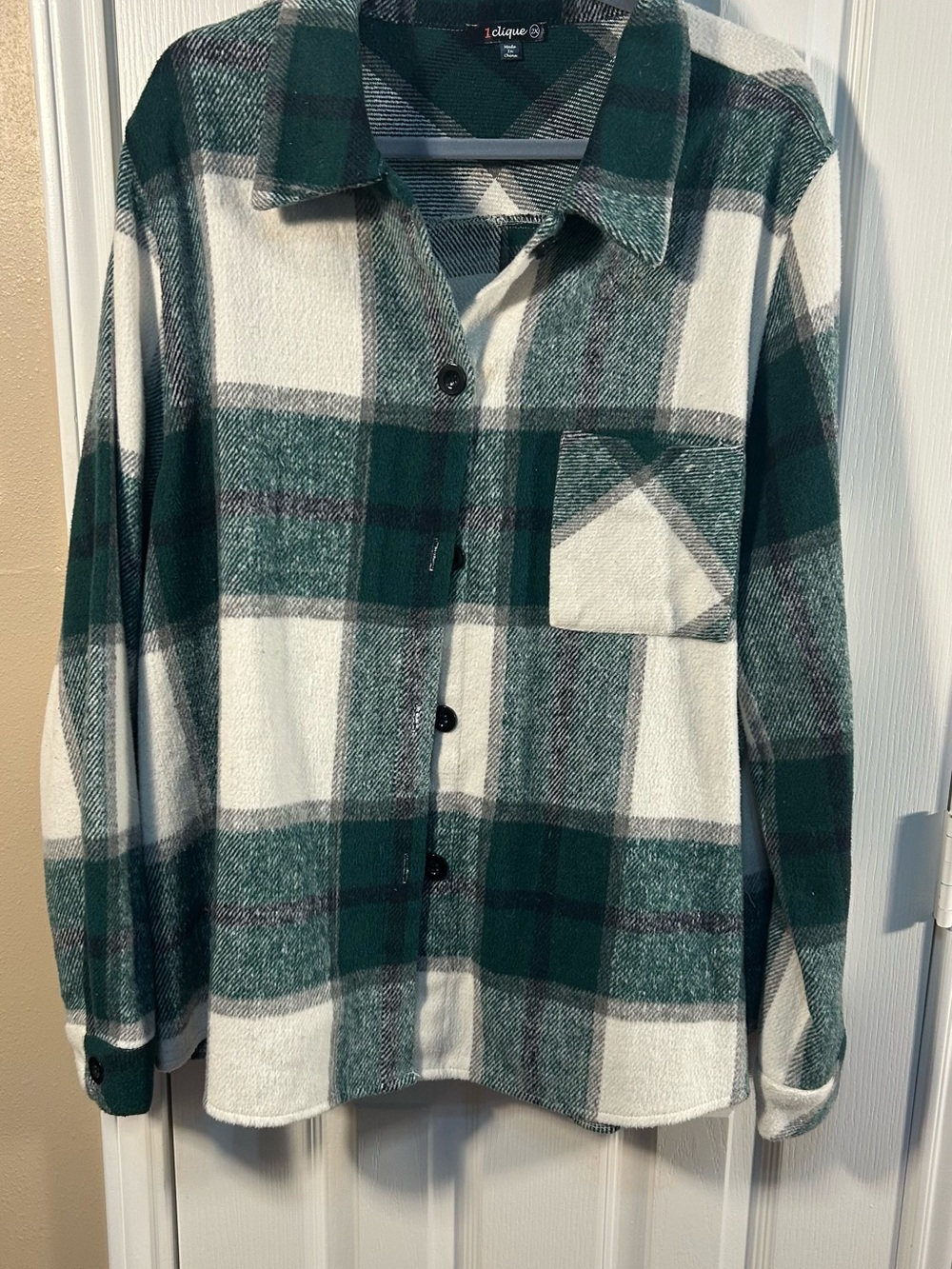 I Clique Green and White Plaid Button-Down Shirt Jacket